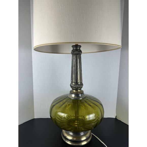 VTG 1970'S Mid Century Hollywood Regency Green Optic Glass Table Lamp Tested - Picture 1 of 8